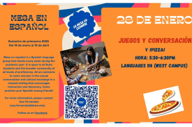 Mesa en espaniol class announcment- picture of students playing cards